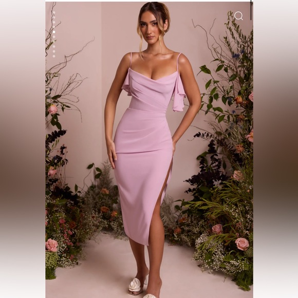 Oh Polly Romilly Cowl Neck Pleated Midaxi Dress in Dusty Pink - Picture 2 of 12